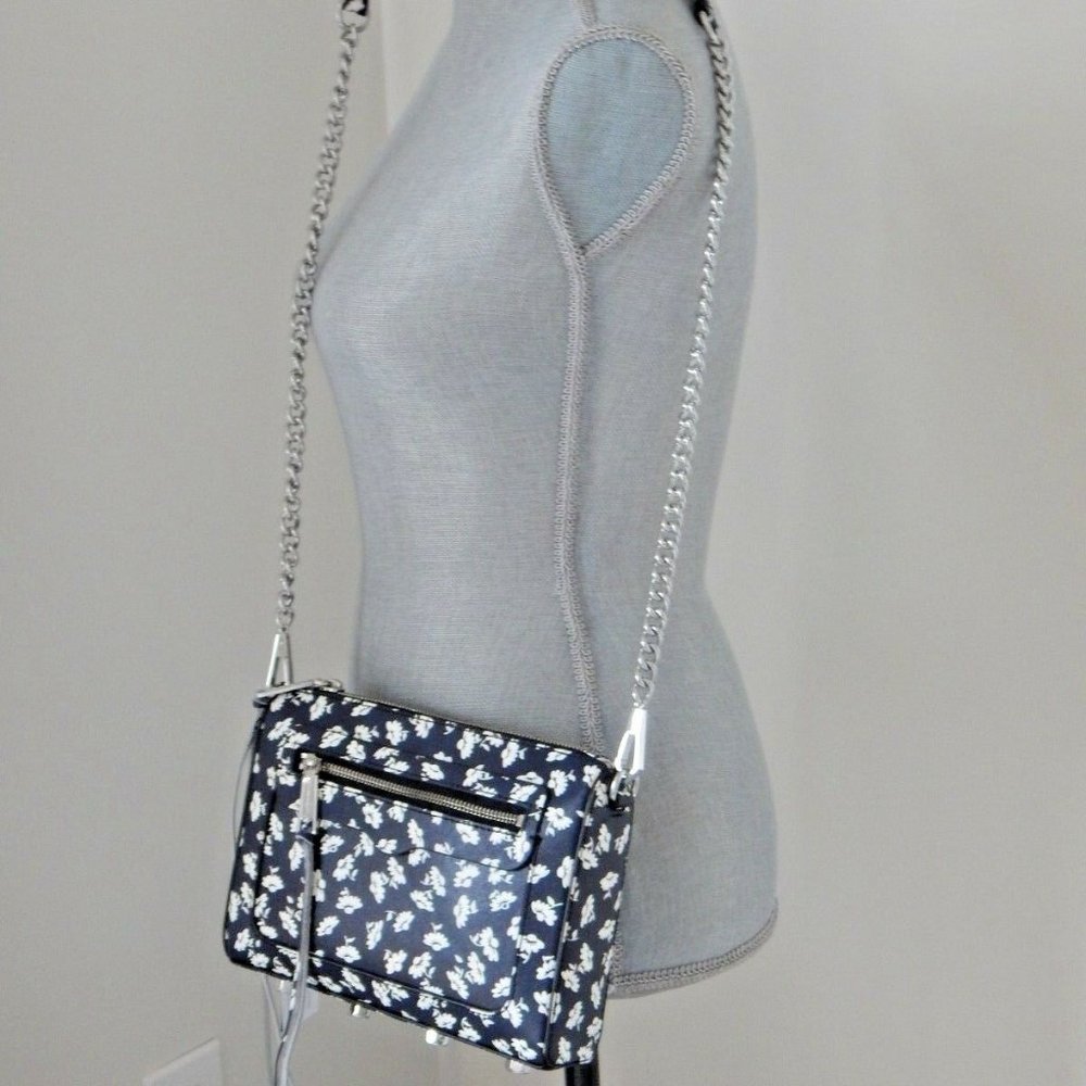 REBECCA MINKOFF Avery Saffiano Leather Crossbody Black White Floral Pattern $175